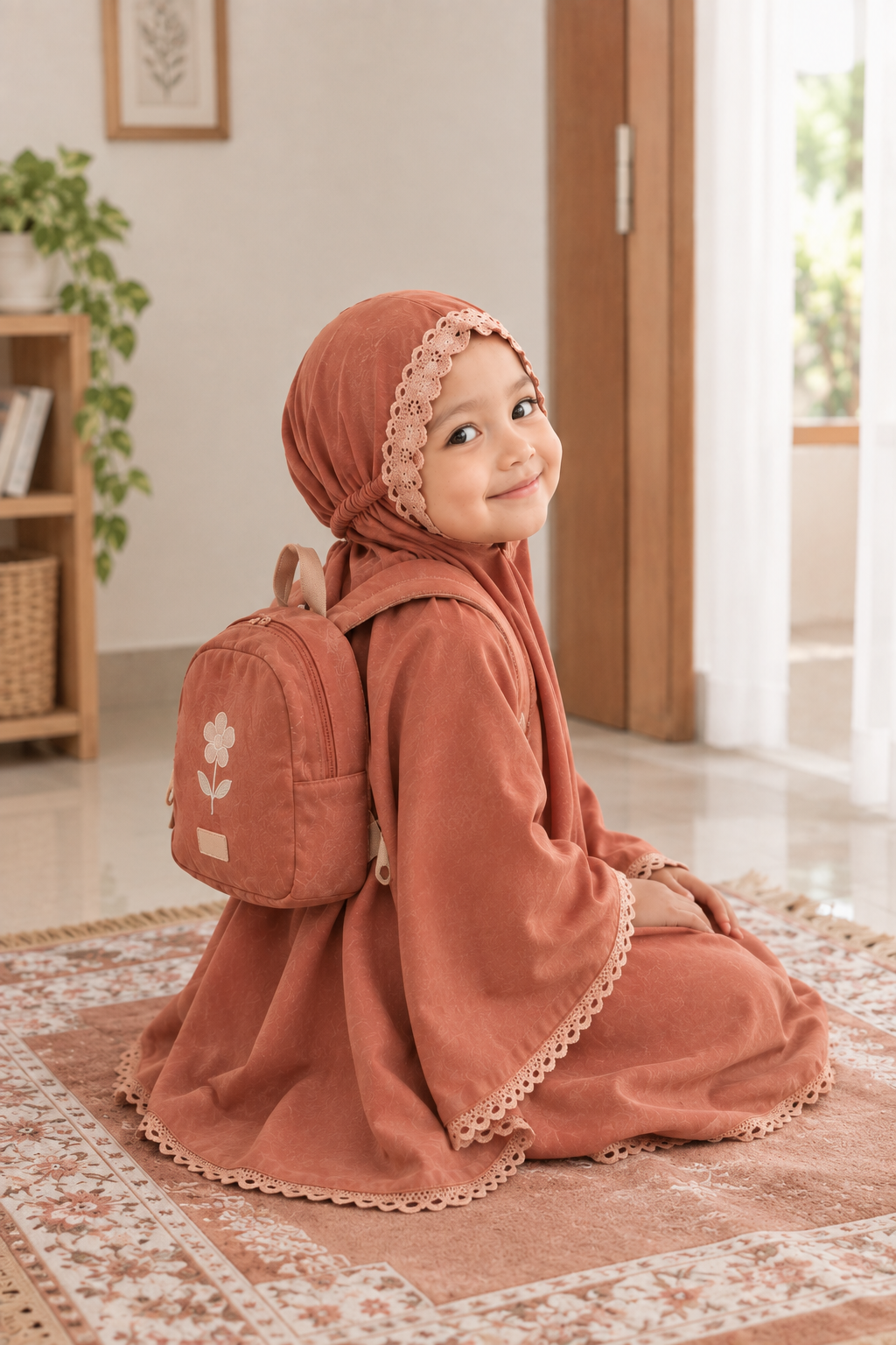 Si kecil tersenyum ceria mengenakan mukena anak Solagirl saat belajar sholat